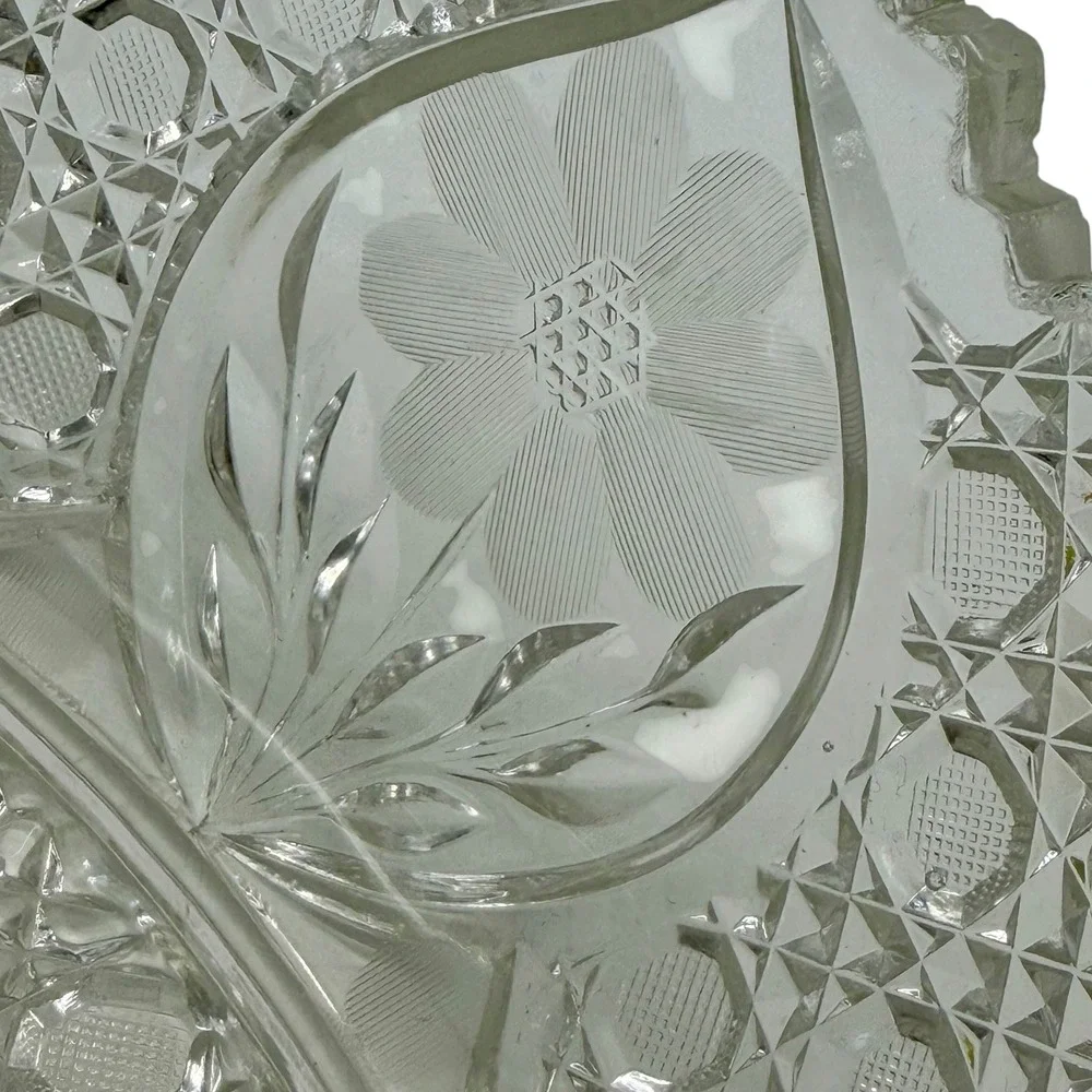 Vintage Clear Pressed Glass Oval Bowl Floral Diamond Cut Sawtooth Centerpiece